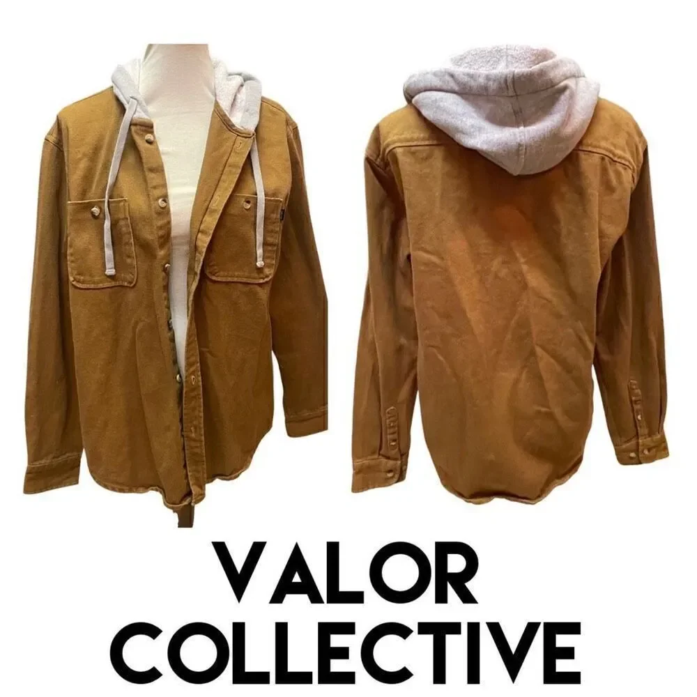 Valor Collective Canvas Denim Tan Button Down Jacket With Gray Hood Size Medium-
